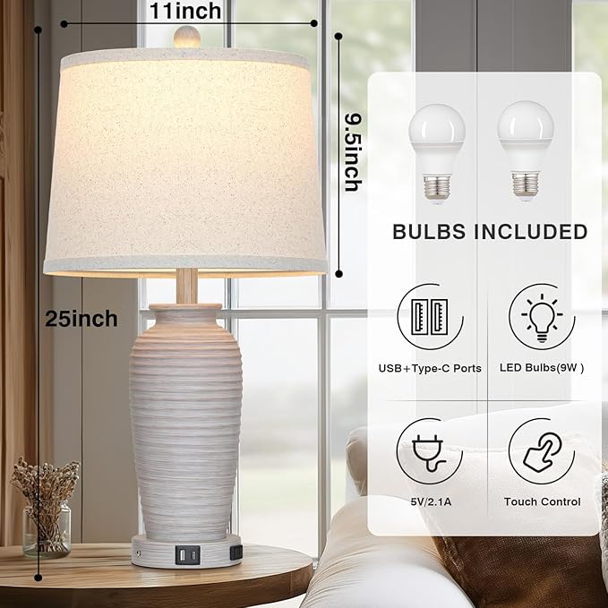 25" Vintage Farmhouse Jar Table Lamps, Single Rustic Bedside Lamp with USB A+C Ports & AC Outlet, Nightstand Lamps for Living Room, Bedroom, End Table, Grey White(LED Bulb Included)
