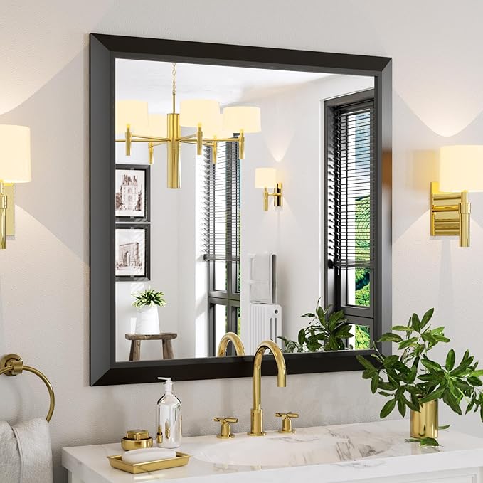Amorho Black Bathroom Mirror, 36x36 Inch Thick Metal Framed Wall Mirrors