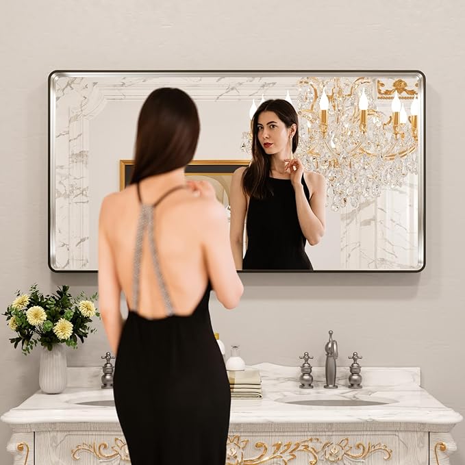 LOAAO 55X30 Inch Brushed Nickel Bathroom Mirror, Rounded Rectangle Silver Metal