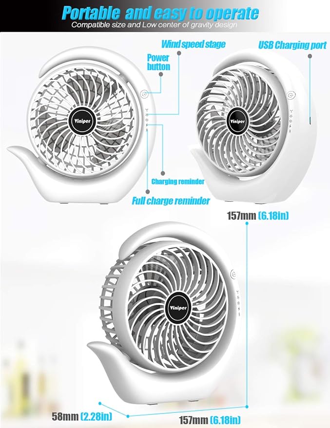 Viniper Portable Rechargeable Fan, Small Desk Fan : 3 Speeds & about 8-24 Hours