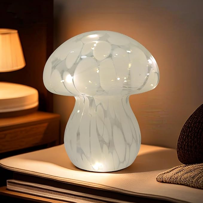 Mushroom Table Lamps Night Lights Cute Glass Nightstand Bedside Desk Lamps for Bedroom Living Study(Bulb Included) - White