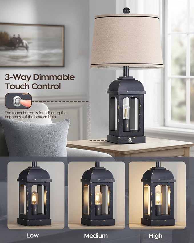 QiMH Table Lamp for Living Room, Farmhouse Lamps with USB A+C and Nightlight, 26" Rustic Bedside Lamps with 3-Way Dimmable Touch Control, Nightstand Lamp for Bedroom, Shabby Grey, 1 Pack