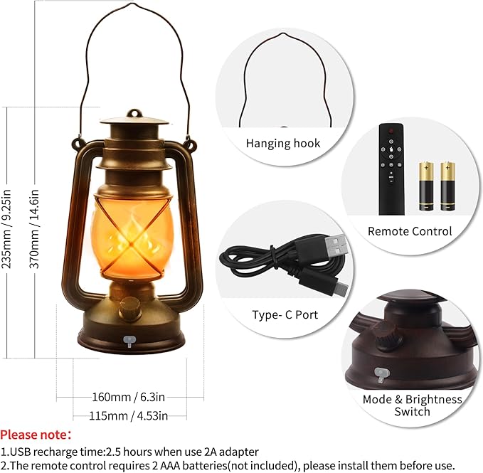 2 Pack Bronze Vintage 4 Modes Light LED Lanterns,Rechargeable Dancing Flame