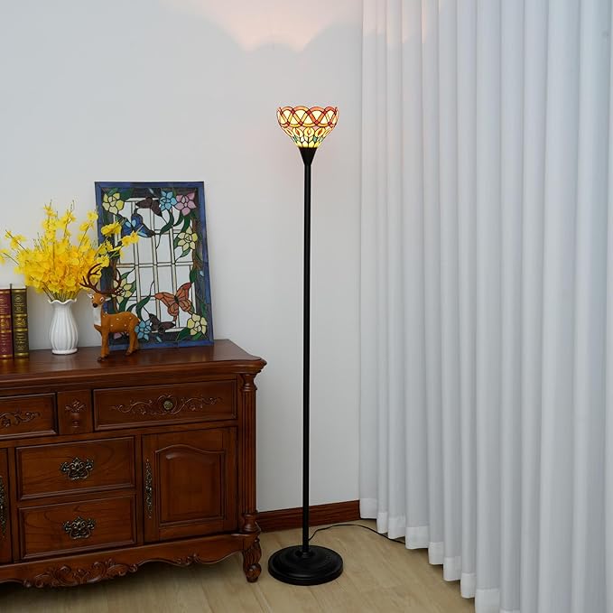 Tiffany Floor Lamp Torchiere Antique Stained Glass Lamp Yellow Peacock Tail Style Standing Light Tall Uplight Lamp for Home Decorating Reading Working