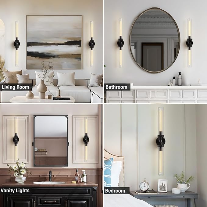 Brass Wall Sconces, 30in Black 2-Light Double Glass Sconces Wall Lighting, Bathroom Knurled Vanity Light Sconces, Wall Lights for Living Room Bedroom(Including Bulb)