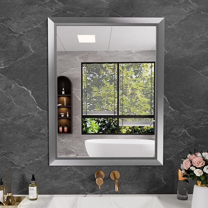 Amorho 28x36 Inch Bathroom Mirror Silver, Thick Metal Framed Wall Mirrors
