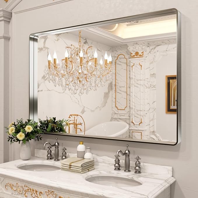 LOAAO 60X40 Inch Brushed Nickel Bathroom Mirror, Rounded Rectangle Silver Metal