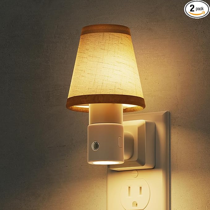 L LOHAS LED Night Lights Plug into Wall, Plug in Night Light Dimmable, Soft Warm Nightlight with Light Sensor, Rotatable Base, Vintage Linen Fabric Nightlights Plug in Wall for Bathroom Kitchen 2Pack