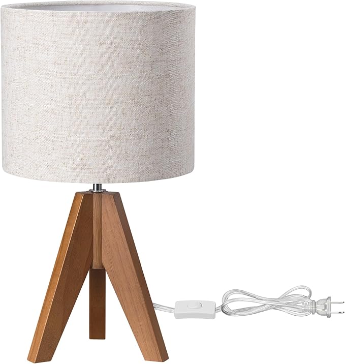 EDISHINE Tripod Table Lamp, Small Cute Bedside Lamp with Linen Beige Lampshade, Nightstand Lamp for Nursery, Bedroom, Kid Room, Living Room, Light Brown Wooden Base, E26 Socket, 14.2 Inch