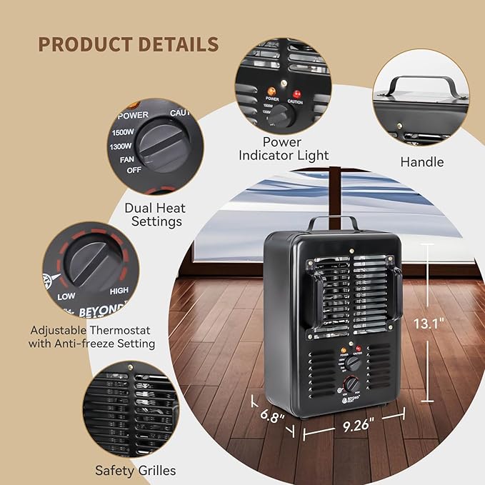Milkhouse Space Heater, 1300W/1500W Electric Heater