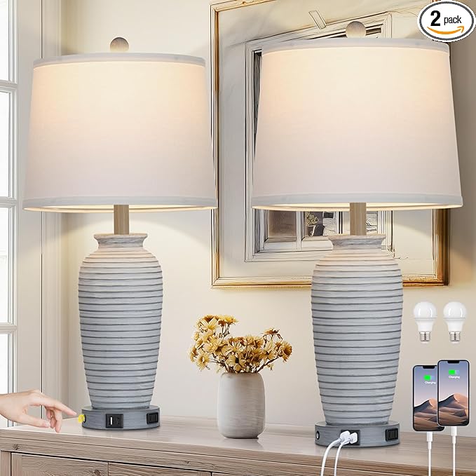 25" Farmhouse Jar Table Lamps Set of 2, 3 Way Touch Control Rustic Bedside Lamps with USB A+C Ports & AC Outlet, Pot Nightstand Lamps for Bedroom Living Room (LED Bulbs Included)
