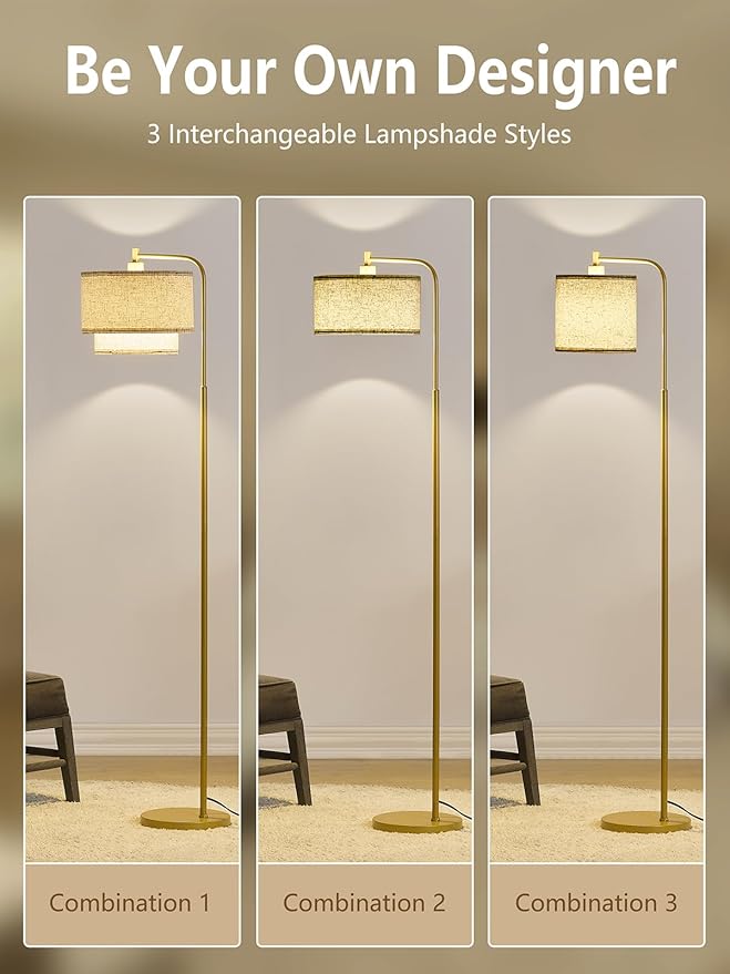 64" Modern Floor Lamp for Living Room Bedroom, Arc Floor Lamp with 3 Color Temperatures, Standing Lamp with Double Oatmeal Linen Lampshade, Tall Lamp with A19 12W LED Bulb, Foot Switch Control, Gold