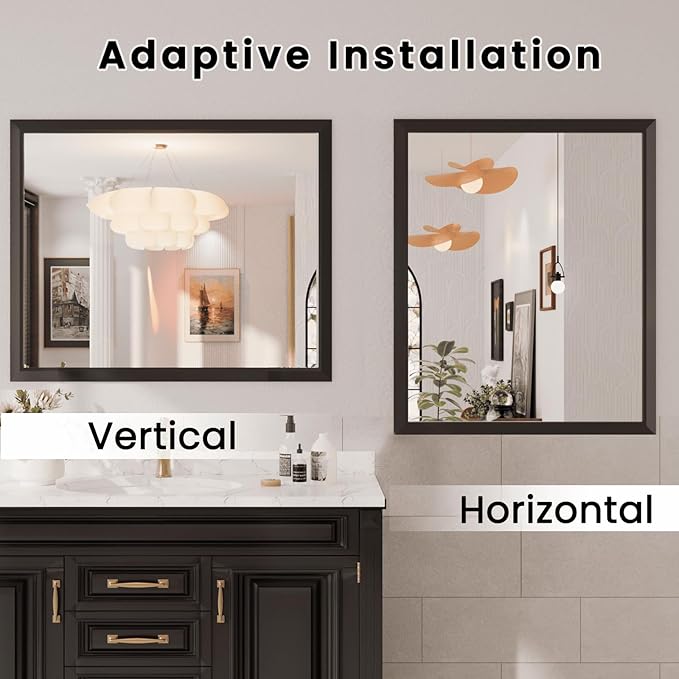 Amorho Bathroom Mirror Black, 44x36 Inch Thick Metal Framed Wall Mirrors