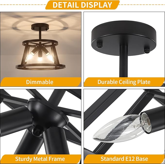 12.59" Black Semi Flush Mount Ceiling Light, 3-Light Modern Close to Ceiling Light Fixtures, Hallway Light Fixtures, Metal Ceiling Lamp for Entryway Bedroom Laundry Dining Room Lighting, UL Listed