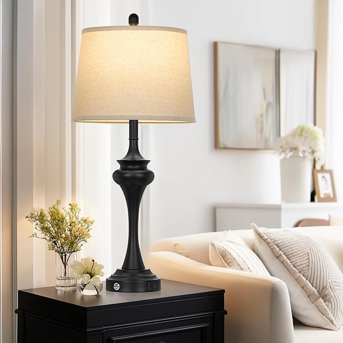 30" Black Tall Table Lamps for Living Room, Touch Control Bedside Lamp with USB A+C Ports, 3-Way Modern Bedroom Table Lamps Set of 2, Elegant Metal Lamp for Nightstand Desk Side Table Office