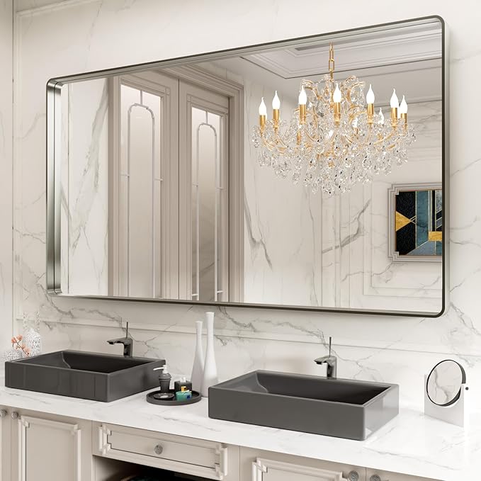 LOAAO 84X32 Inch Brushed Nickel Bathroom Mirror, Rounded Rectangle Silver Metal