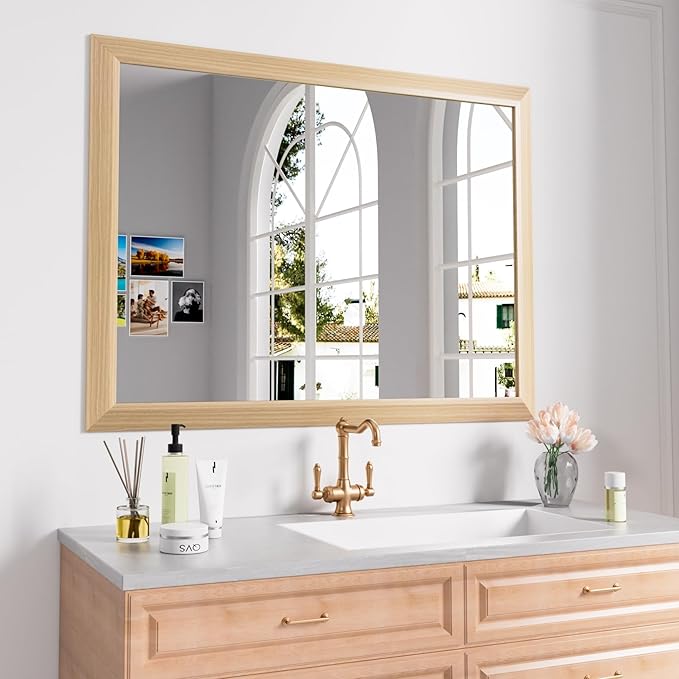Amorho Bathroom Mirror for Wall, 40X32 Inch Oak Wood Grain Metal Framed Mirror