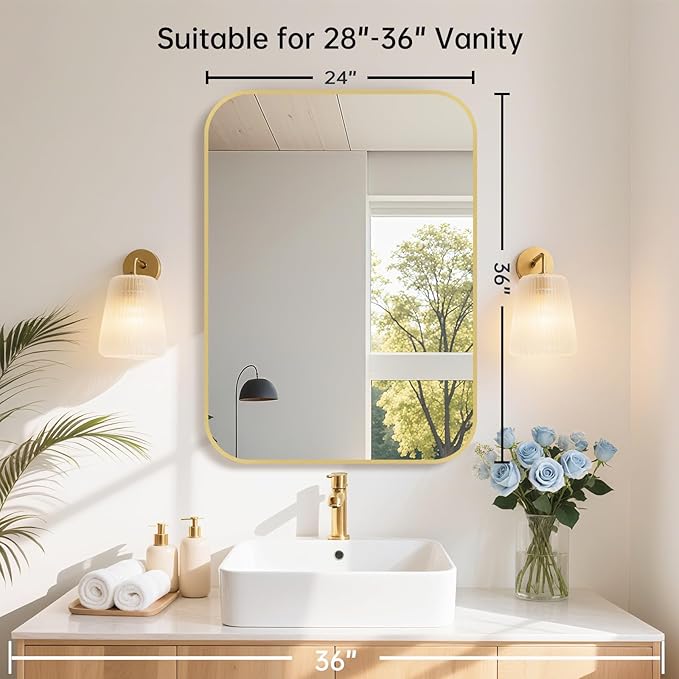 24x36 Inch Gold Bathroom Mirror, Brushed Gold Metal Framed Rectangular Mirror