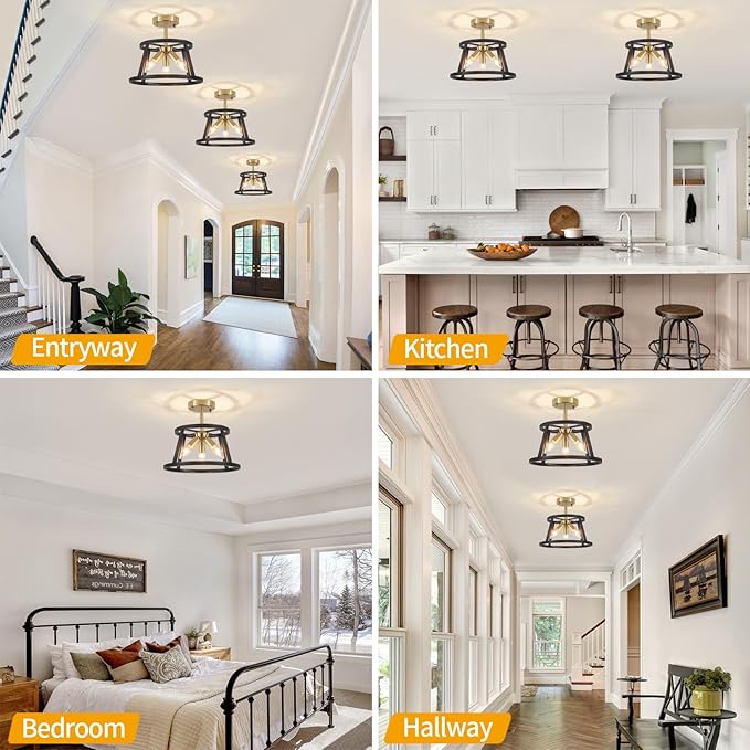 Modern Black and Brushed Gold Semi Flush Mount Ceiling Light, 3 Lights Industrial Close to Ceiling Light Fixtures, 12.59" Ceiling Lamp for Hallway Entry Laundry Bedroom Kitchen Lighting, UL Listed