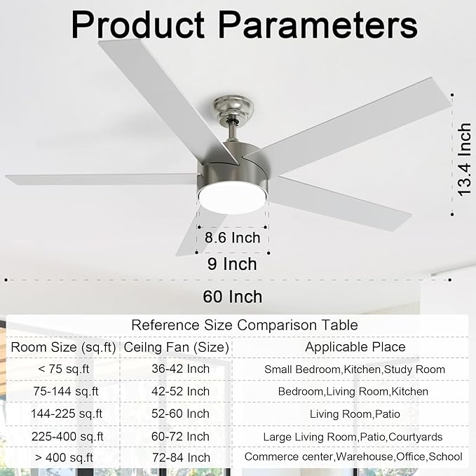 POCHFAN 60 Inch Brushed Nickel Ceiling Fans