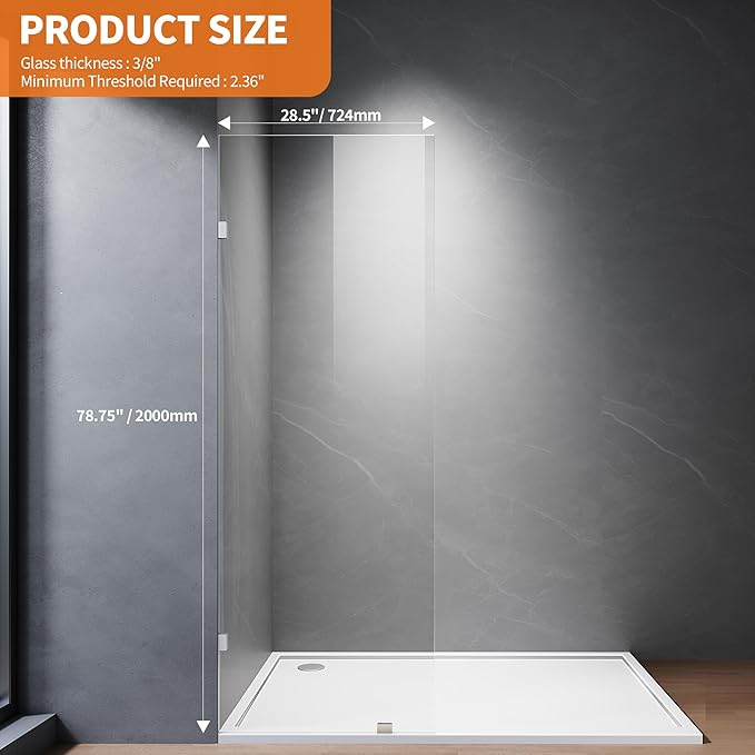 Shower Glass Panel, 28.5" W x 78.75" H Fixed Shower Screen Panel