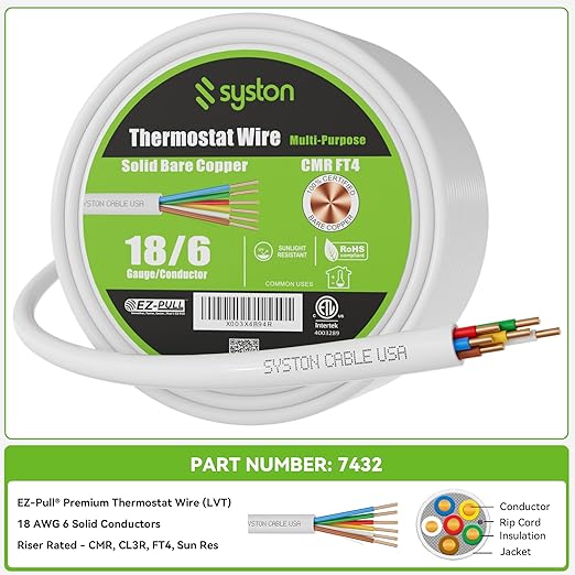 Syston 18/6 Thermostat Doorbell HVAC Heating Control Cable Wire, 100% Solid
