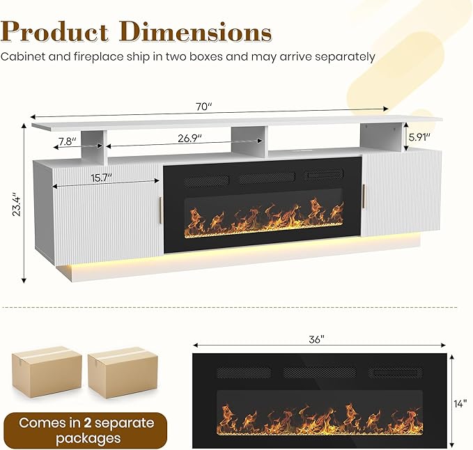 70” Fluted TV Stand with 36” Electric Fireplace, 2 Tier TV Console Cabinet with