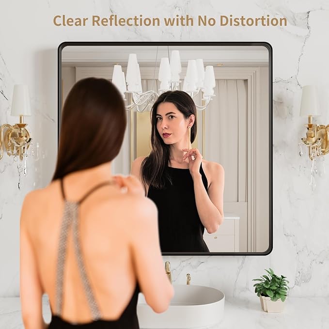 LOAAO 38x38 Inch Black Metal Framed Bathroom Mirror