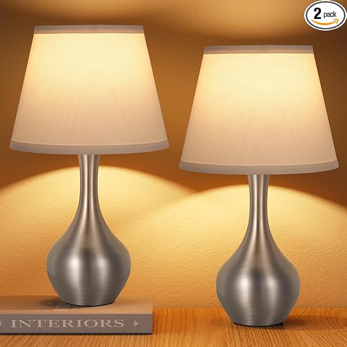 Seealle Touch Table Lamps for Nightstand Set of 2, 3-Way Dimmable Small Bedroom Lamps for Night Stands, Silver Bedside Lamps for Living Room, Kids Room, End Table(LED Bulbs Included)