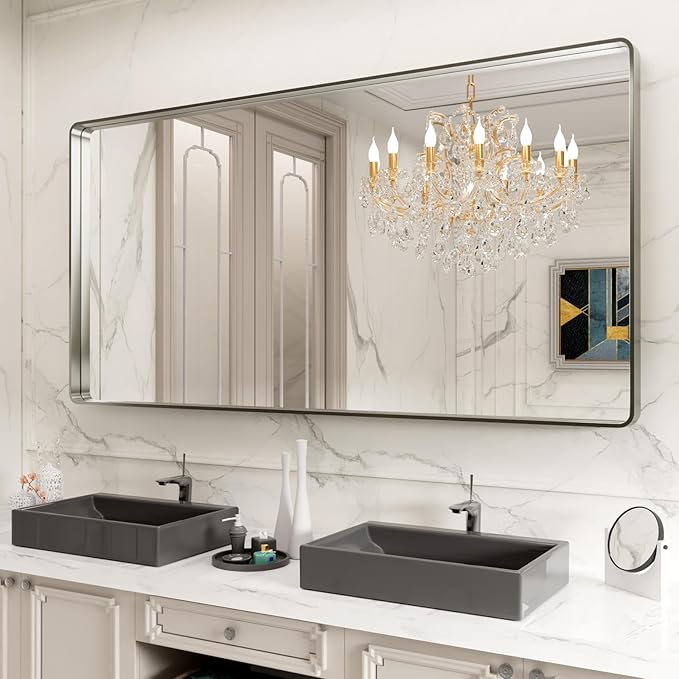 LOAAO 72X36 Inch Brushed Nickel Bathroom Mirror, Rounded Rectangle Silver Metal