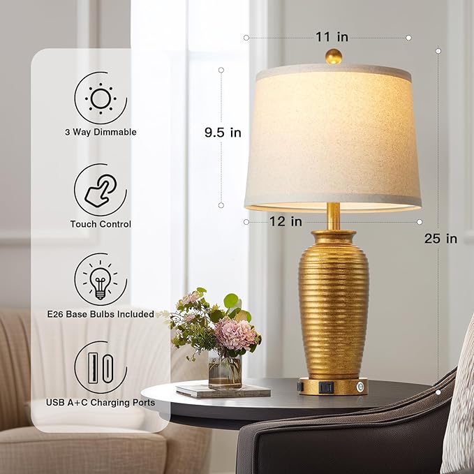 25" Retro Gold Farmhouse Jar Table Lamps Set of 2, 3 Way Touch Control Rustic Bedside Lamps with USB A+C Ports & AC Outlet, Pot Nightstand Lamps for Bedroom Living Room (LED Bulbs Included)