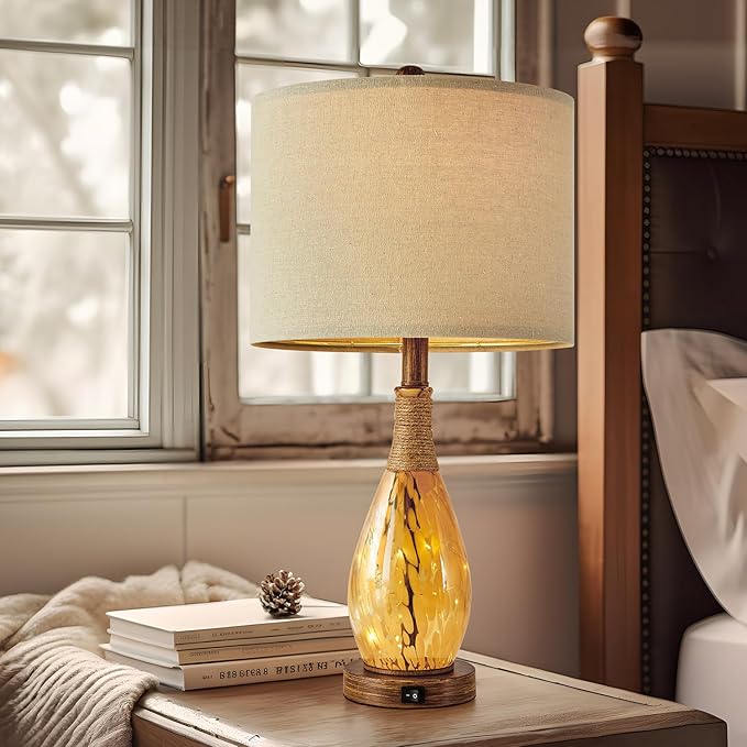 OYEARS 23" USB A+C Table Lamp for Bedroom Living Room Modern Bedside Lamps Retro Farmhouse Rattan Glass Nightstand Nightlight Lamps (Amber),Two Light Points