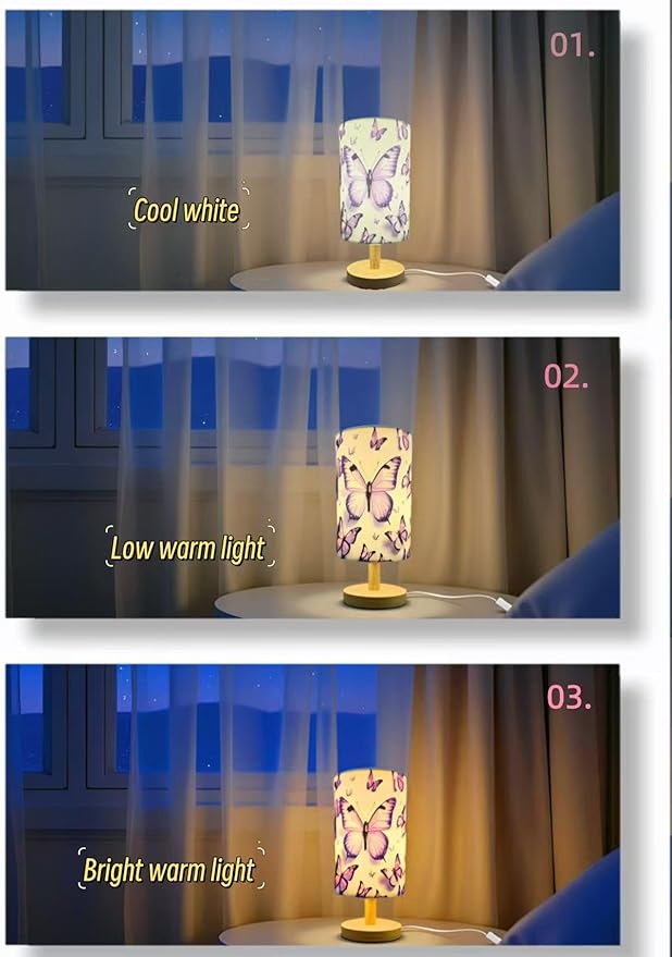 Butterfly Lamp, Butterfly Lamps for Girls Bedroom,3 Color Night Light Wood Nightstand Desk Base Flaxen Fabric Shade for Bedroom Living Room, Butterflys Lovers Gifts, LED Bulb Included(purple lamp)