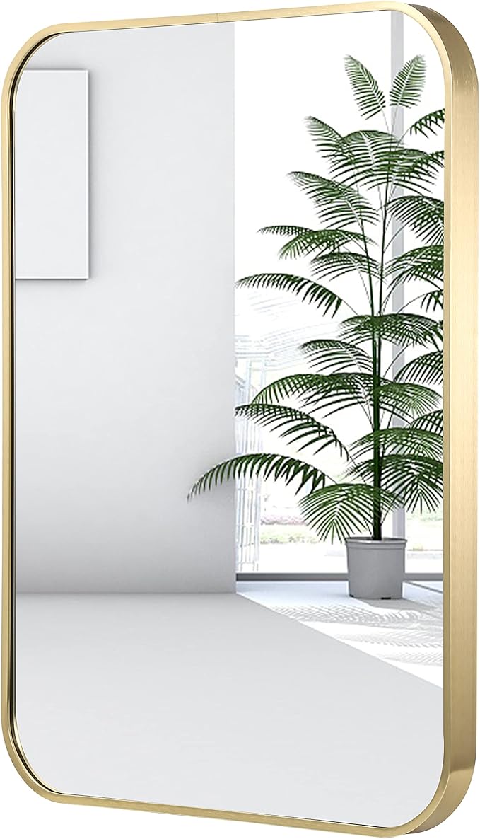 24x36 Inch Gold Bathroom Mirror, Brushed Gold Metal Framed Rectangular Mirror