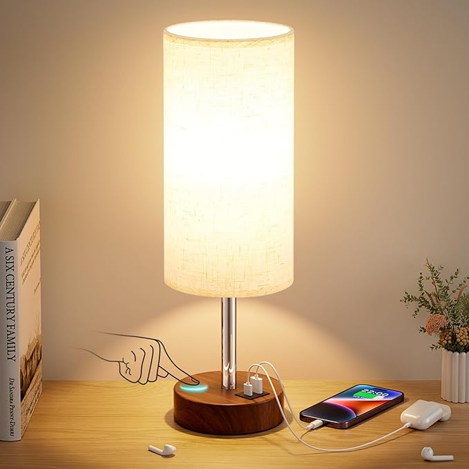 Dicoool Touch Bedside Table Lamp with USB - 3 Way Dimmable Redwood Lamps for Bedroom Nightstand, Desk Lamp with Charging Station for Dorm, Living Room, Office, Kids Room, Nursery