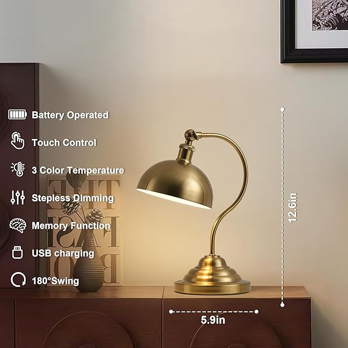 Cordless LED Table Lamp, 180° Swing Arm Desk Lamp, Rechargeable, Dimmable/3 Color/Memory Function, Vintage Rechargeable Table Light for Living Room,Bedroom,Bedside, Brass