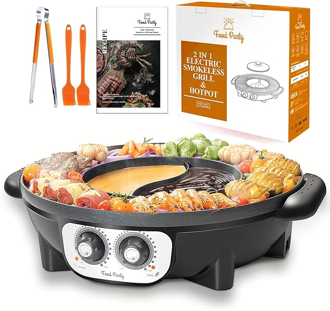 Food Party Hot Pot with Grill 2 in 1 Electric Smokeless Grill and Hotpot Pot