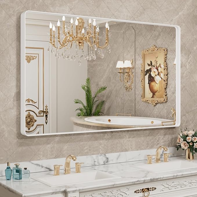 LOAAO 50x30 Inch White Metal Framed Bathroom Mirror