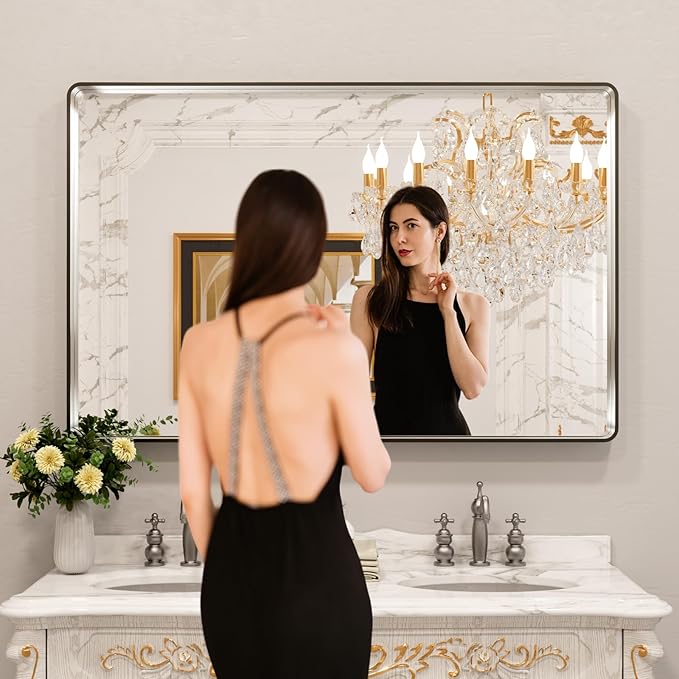 LOAAO 50X30 Inch Brushed Nickel Bathroom Mirror, Rounded Rectangle Silver Metal