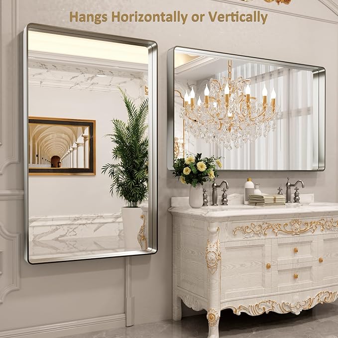 LOAAO 60X30 Inch Brushed Nickel Bathroom Mirror, Rounded Rectangle Silver Metal