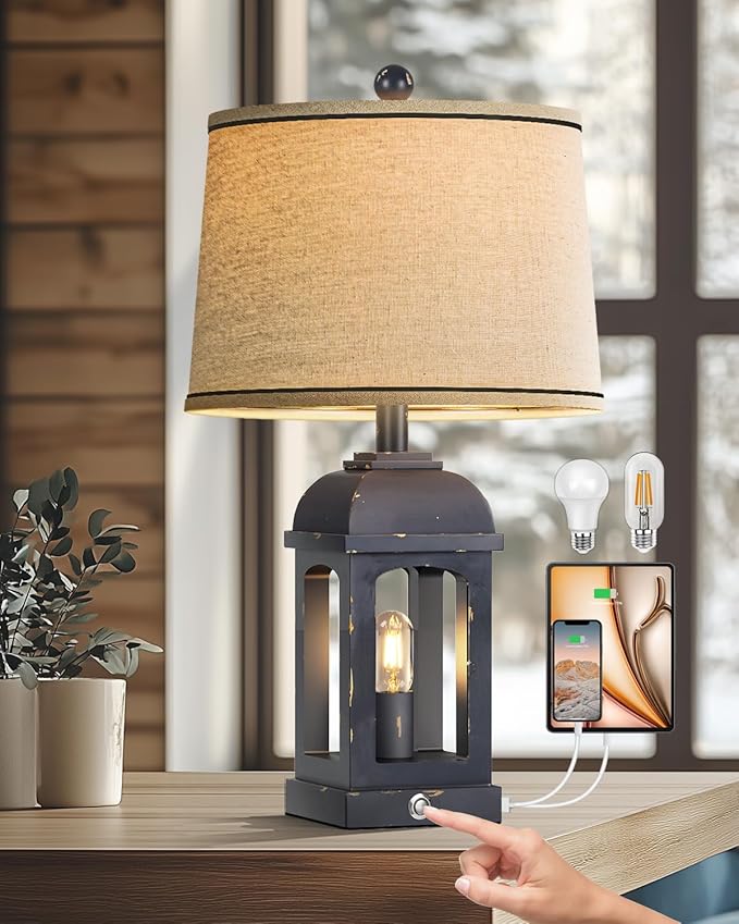 QiMH Table Lamp for Living Room, Farmhouse Lamps with USB A+C and Nightlight, 26" Rustic Bedside Lamps with 3-Way Dimmable Touch Control, Nightstand Lamp for Bedroom, Shabby Grey, 1 Pack