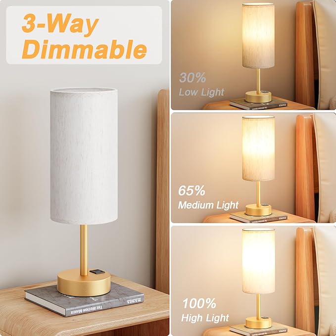 Dicoool Elegant Gold Touch Table Lamp, Modern Wedding Gift for Couples, Bedside Lamps with USB-C USB-A Charging Ports, 3 Way Dimmable Small Lamp for Office, Bathroom, Living Room,Christmas Gift