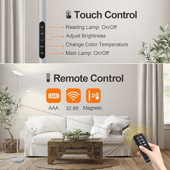OUTON LED Floor Lamp, 27W/2400LM Torchiere Lamp & 7W/ 400LM Reading Lamp, Bright Dimmable Standing Tall Lamp with 4 Color Temperature, Remote Touch Control for Living Room Bedroom Office, Silver Grey