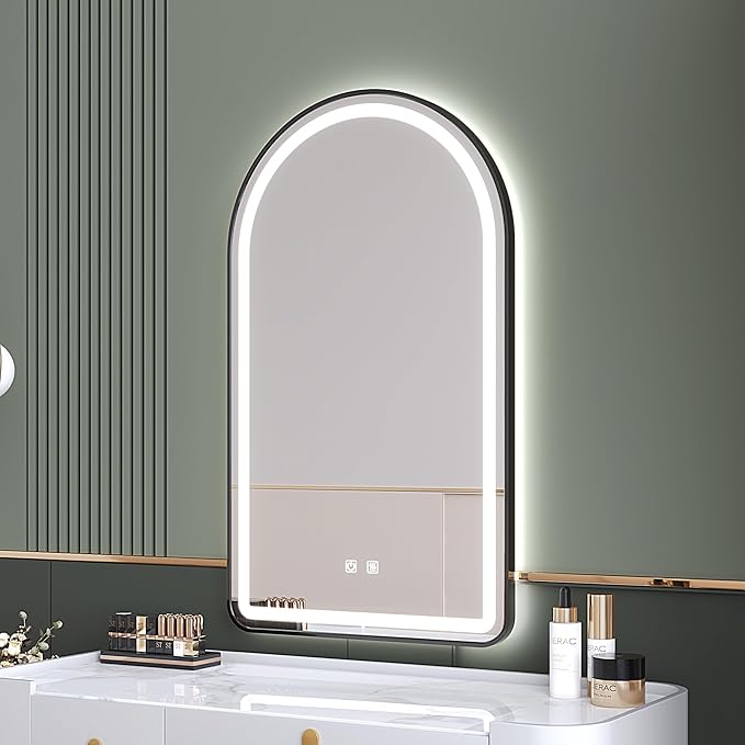 30x40 inch Black Tempered Glass LED Arched Mirror