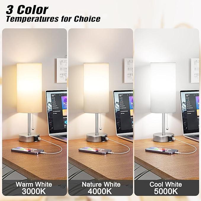 White Table Lamp for Bedroom Nightstand - Small Lamp with USB A + C Charging Port, 3 Color Temperatures Pull Chain Night Stand Light, Silver Base Desk Reading Lamp for Living Room