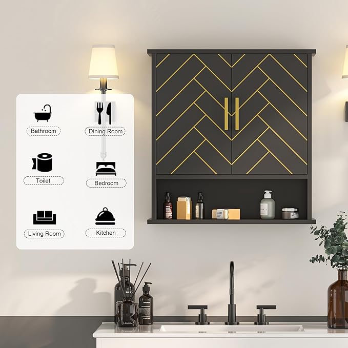 Black Chevron Pattern Bathroom Wall Cabinet, Modern Hanging Medicine Cabinet