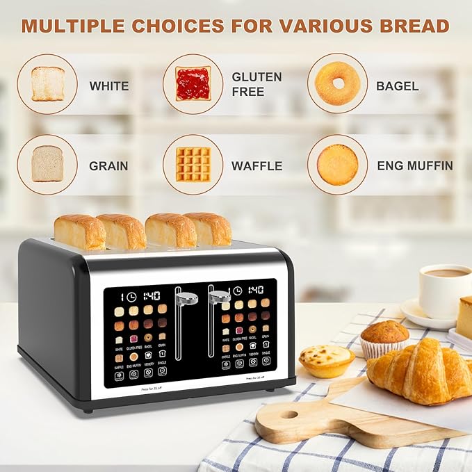 4 Slice Toaster Touch Screen, Stainless Steel Toasters Digital Timer, Dual