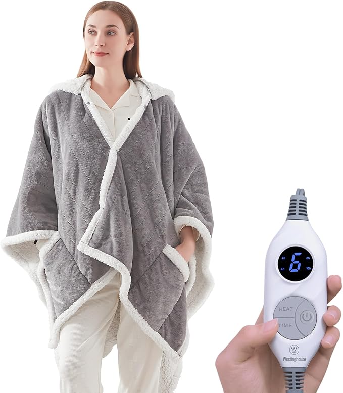 Westinghouse Wearable Heated Throw Blanket, Electric Heated Wrap Poncho Shawl