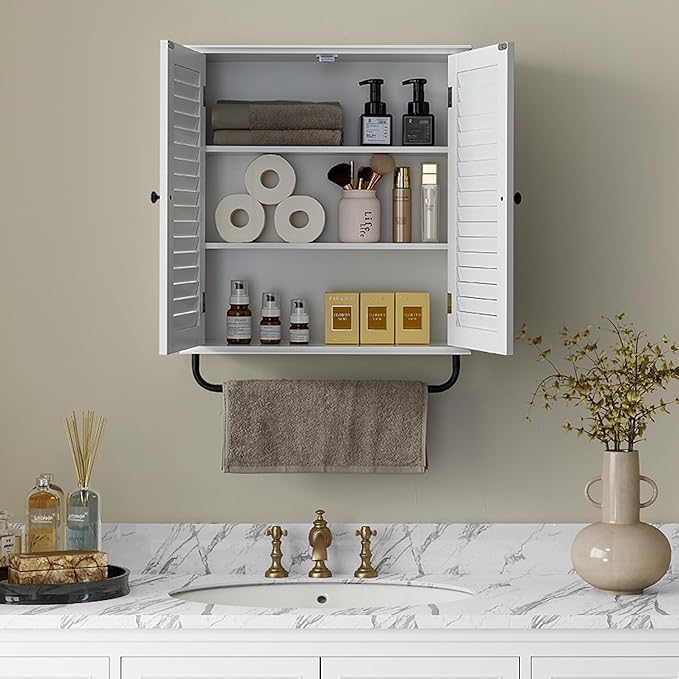 Bathroom Storage Cabinet with Adjustable Wood Shelves & Doors, Made of PDF Wood