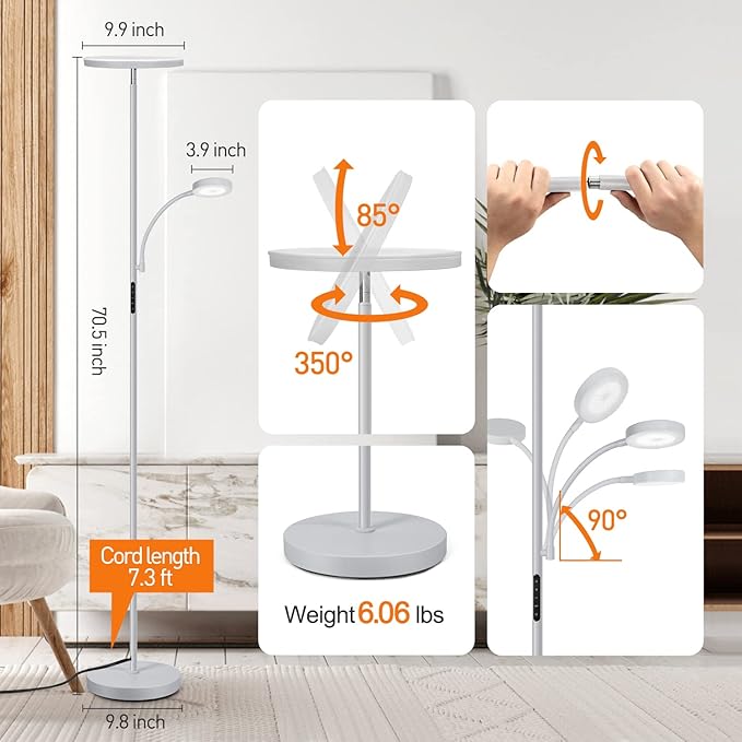 OUTON LED Floor Lamp, 27W/2400LM Torchiere Lamp & 7W/ 400LM Reading Lamp, Bright Dimmable Standing Tall Lamp with 4 Color Temperature, Remote Touch Control for Living Room Bedroom Office, Silver Grey